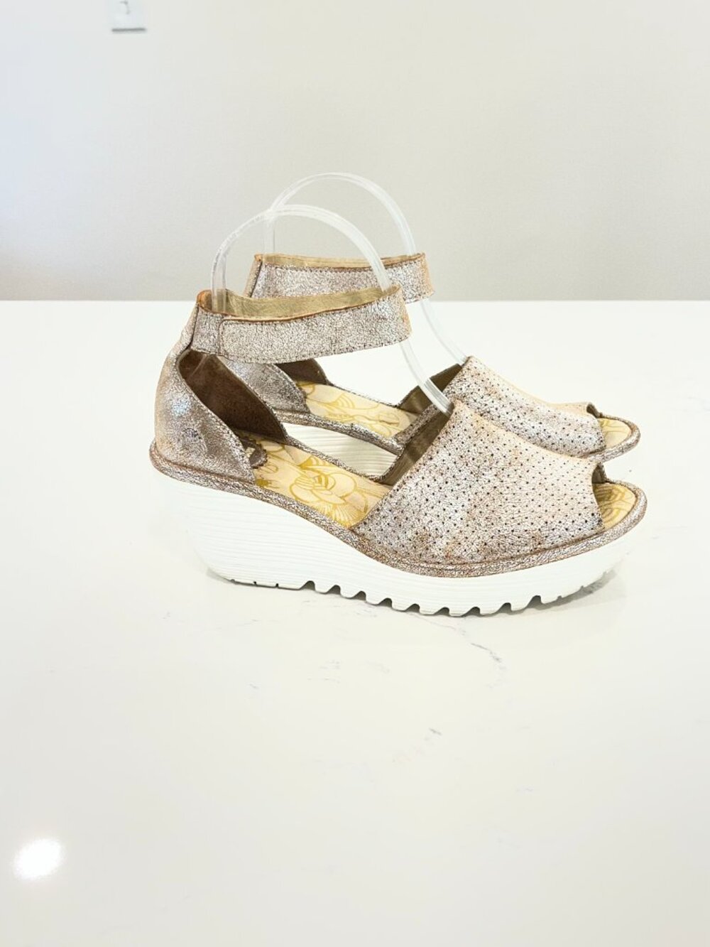 Fly London Yake Sandals Shoes Womens Size US 7 / 38 EU Gold Leather Strappy